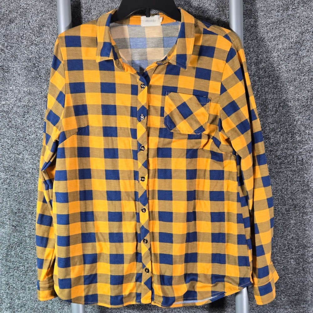 Doublju Womens XL Yellow Blue Plaid Button Down Long Sleeve Shirt Chest Pocket